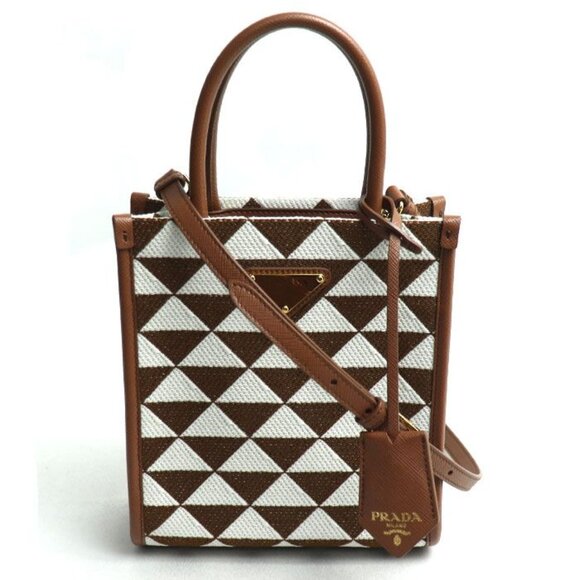 Prada Handbags - Prada Symbol Embroidered Fabric Mini 2 way Shoulder Bag Brown White Mbmb IC